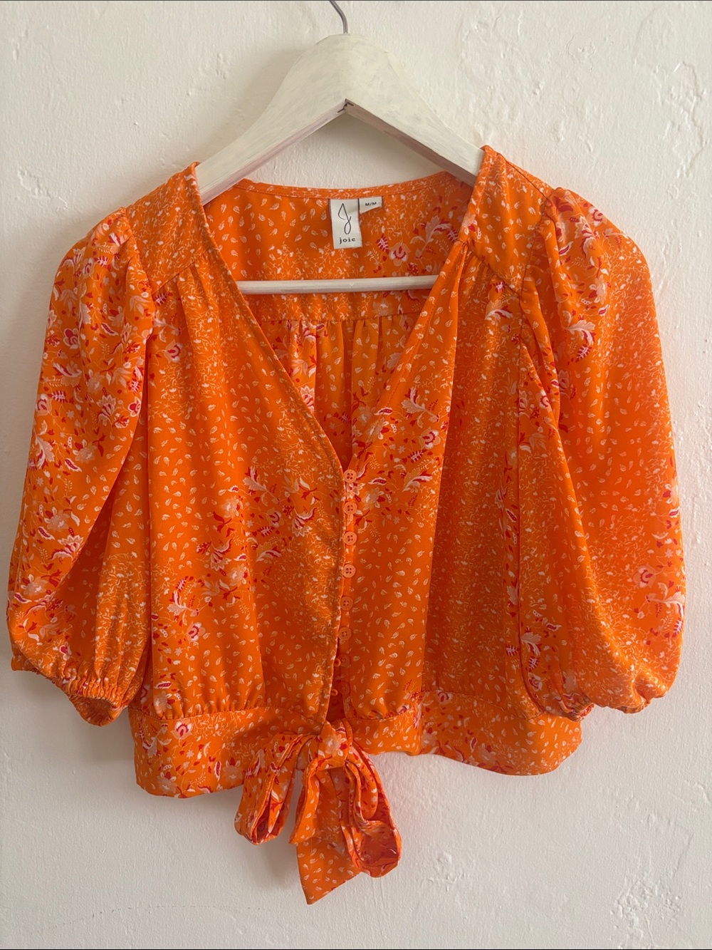 Joie Orange Floral Tie-Front Puff-Sleeve Blouse